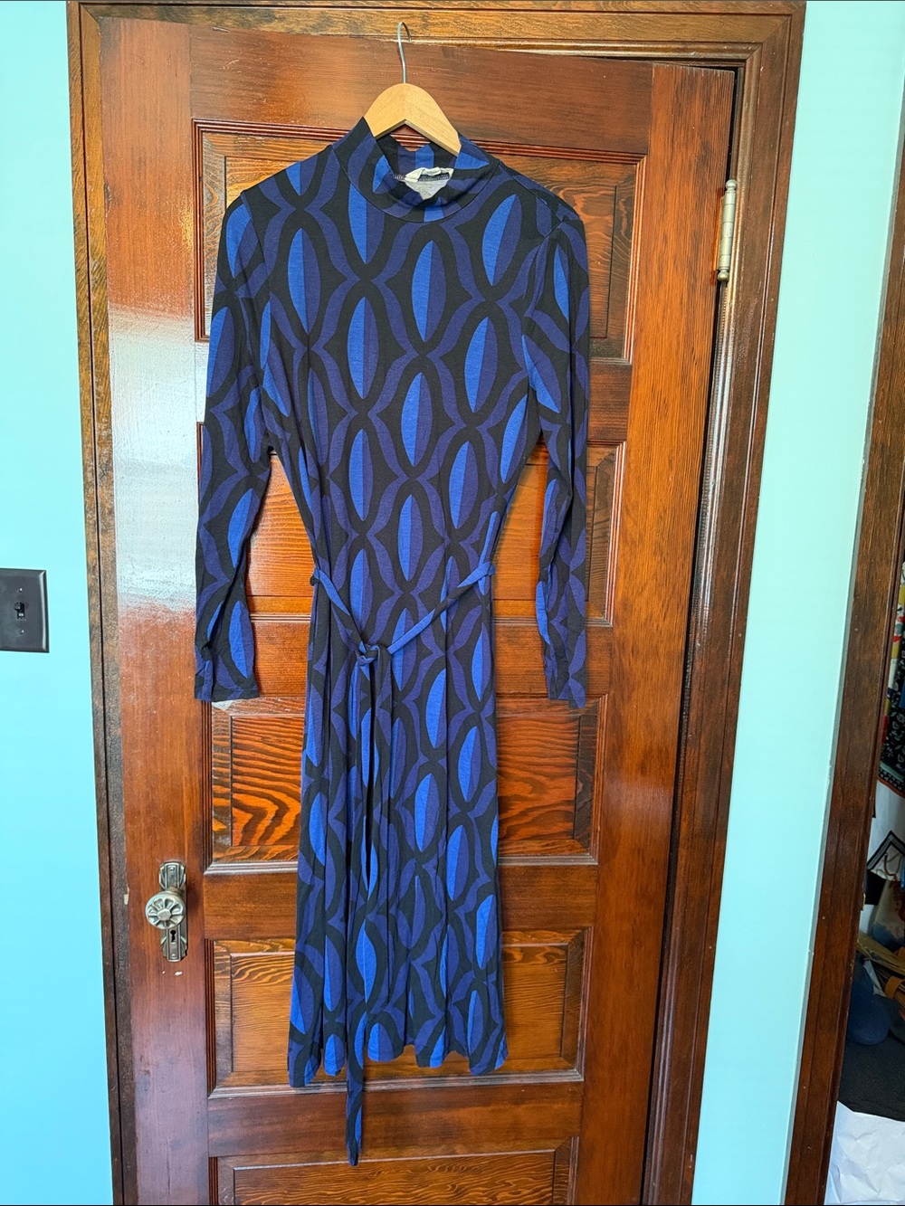 Boden Blue & Black Geometric Long-Sleeve Midi Dress